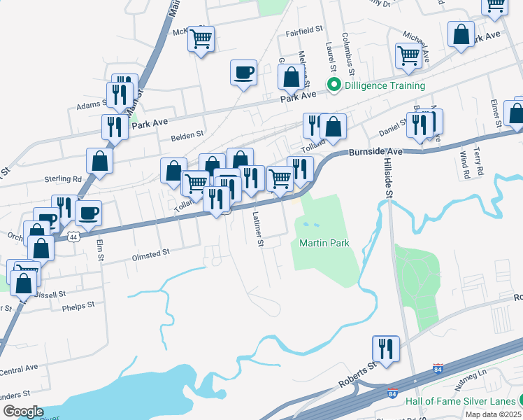map of restaurants, bars, coffee shops, grocery stores, and more near 11 Latimer Street in East Hartford