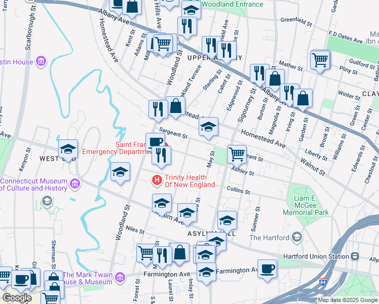 map of restaurants, bars, coffee shops, grocery stores, and more near in Hartford