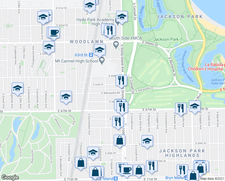 map of restaurants, bars, coffee shops, grocery stores, and more near 1513 East 66th Place in Chicago