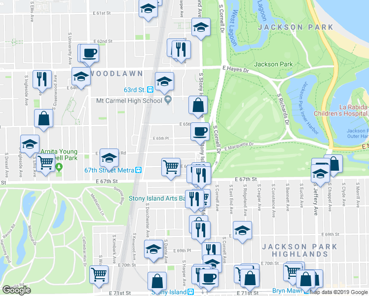 map of restaurants, bars, coffee shops, grocery stores, and more near 1513 East 66th Place in Chicago