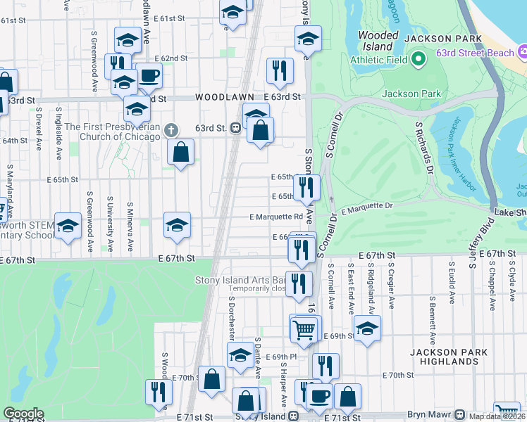 map of restaurants, bars, coffee shops, grocery stores, and more near 1457 East Marquette Road in Chicago