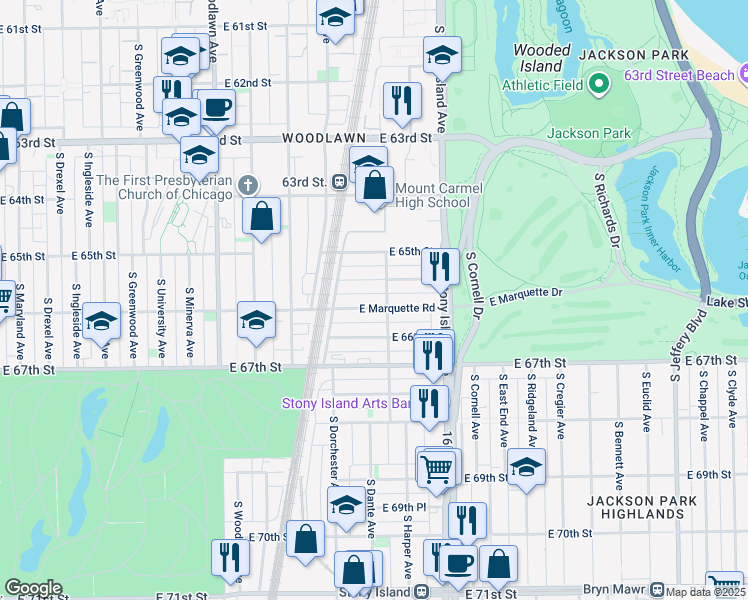 map of restaurants, bars, coffee shops, grocery stores, and more near 1457 East Marquette Road in Chicago