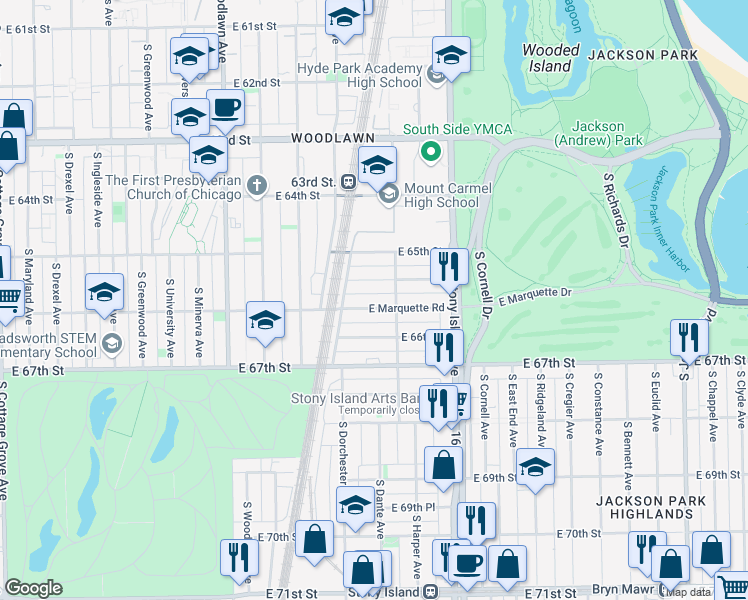 map of restaurants, bars, coffee shops, grocery stores, and more near 1457 East Marquette Road in Chicago