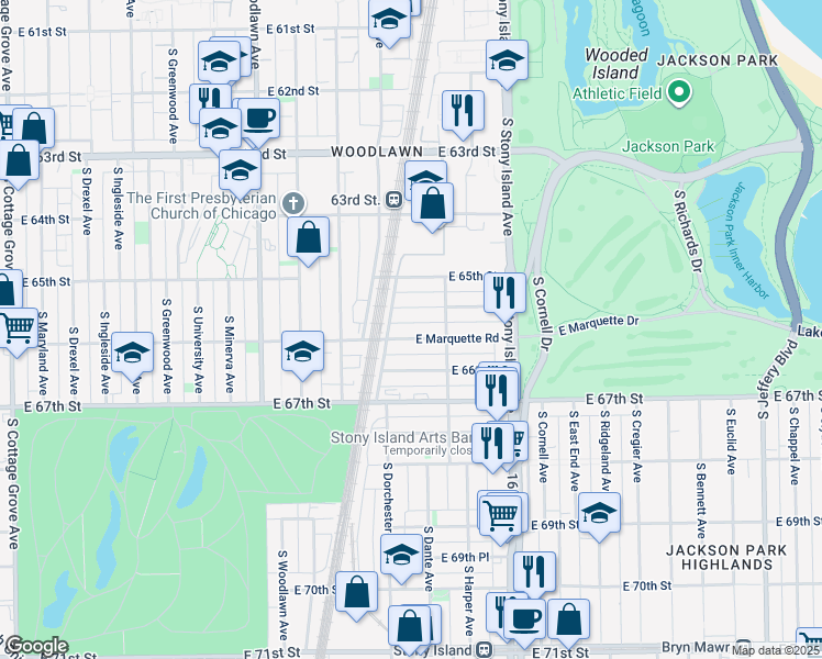map of restaurants, bars, coffee shops, grocery stores, and more near 1457 East Marquette Road in Chicago