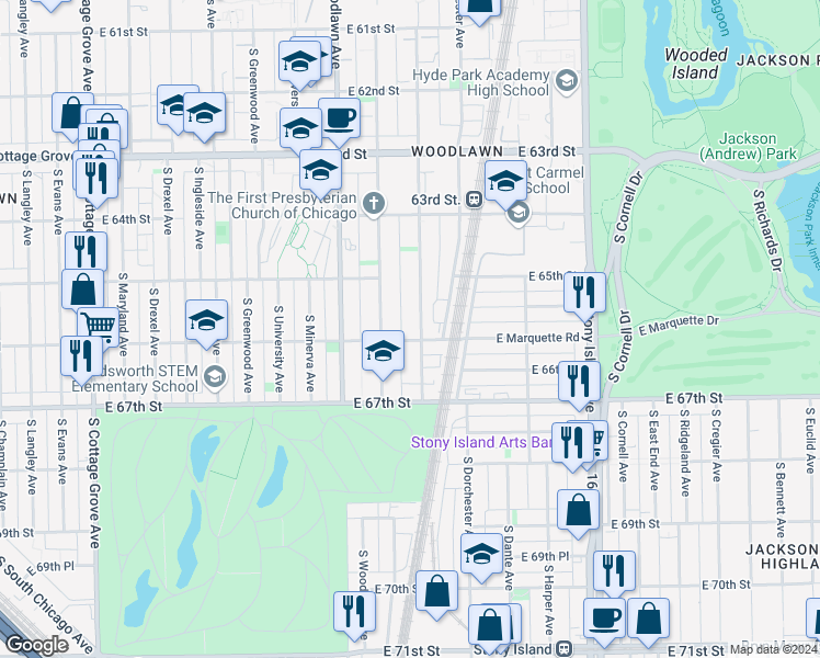 map of restaurants, bars, coffee shops, grocery stores, and more near 1311 East Marquette Road in Chicago