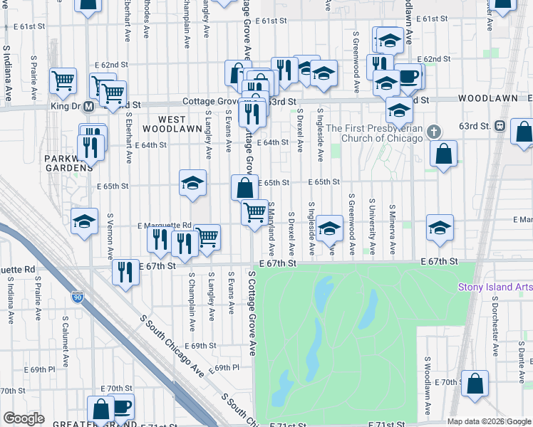 map of restaurants, bars, coffee shops, grocery stores, and more near 6601 South Maryland Avenue in Chicago