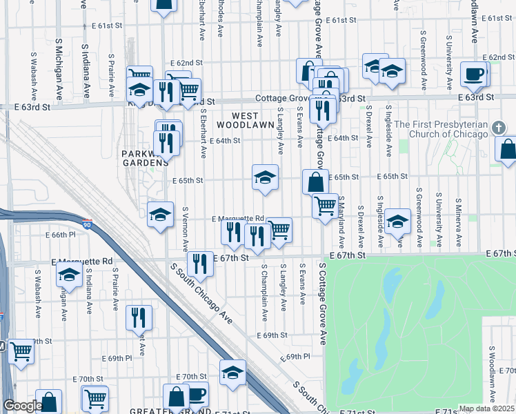 map of restaurants, bars, coffee shops, grocery stores, and more near 6555 South Saint Lawrence Avenue in Chicago