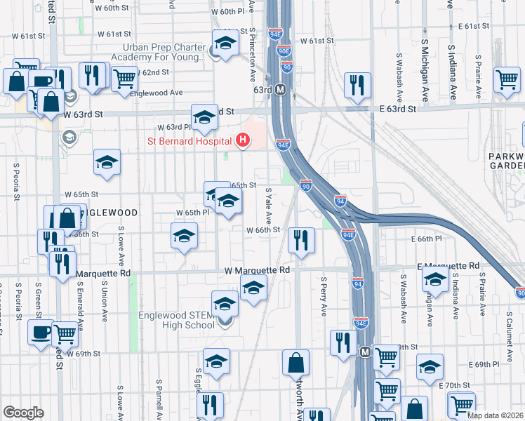 map of restaurants, bars, coffee shops, grocery stores, and more near 6553 South Yale Avenue in Chicago