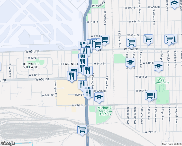 map of restaurants, bars, coffee shops, grocery stores, and more near 6452 South Keating Avenue in Chicago