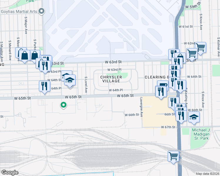 map of restaurants, bars, coffee shops, grocery stores, and more near 5171 West 64th Place in Chicago
