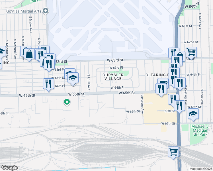 map of restaurants, bars, coffee shops, grocery stores, and more near 5231 West 64th Place in Chicago