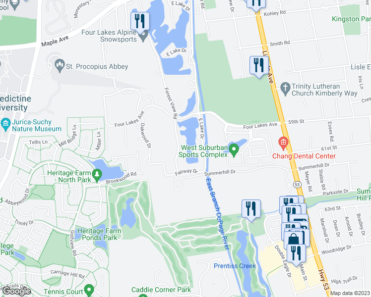 map of restaurants, bars, coffee shops, grocery stores, and more near 6017 Forest View Road in Lisle