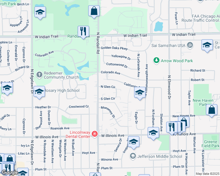 map of restaurants, bars, coffee shops, grocery stores, and more near 1385 South Glen Circle in Aurora