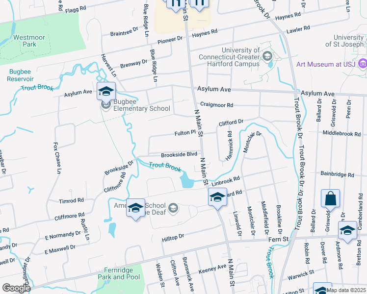map of restaurants, bars, coffee shops, grocery stores, and more near 17 Brookside Boulevard in West Hartford