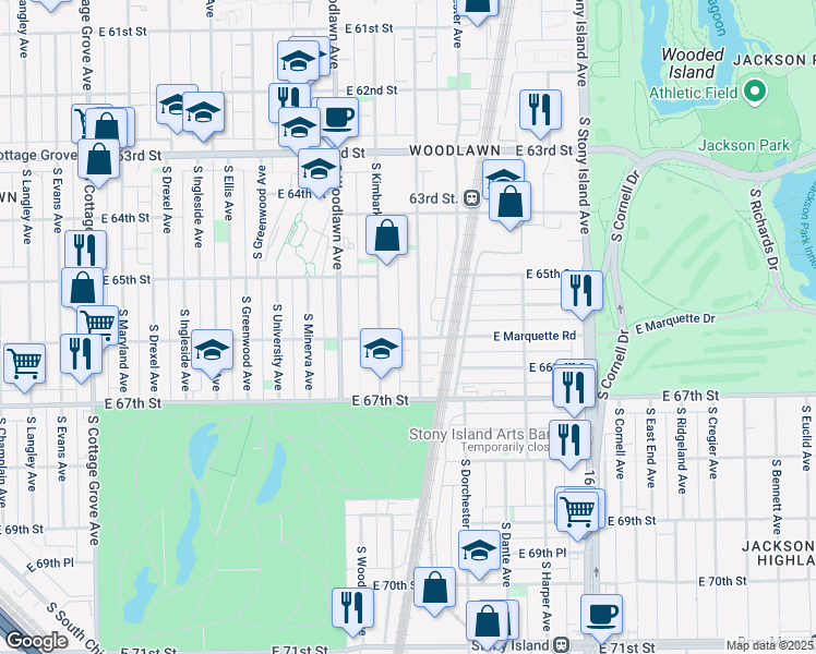 map of restaurants, bars, coffee shops, grocery stores, and more near 1311 East Marquette Road in Chicago