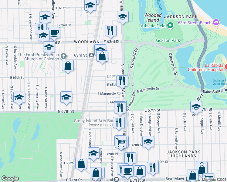 map of restaurants, bars, coffee shops, grocery stores, and more near 1513 East 66th Place in Chicago