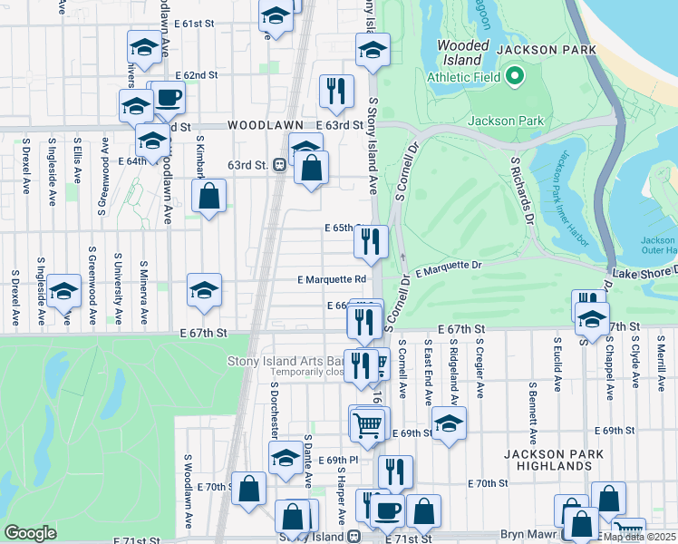 map of restaurants, bars, coffee shops, grocery stores, and more near 1513 East 66th Place in Chicago