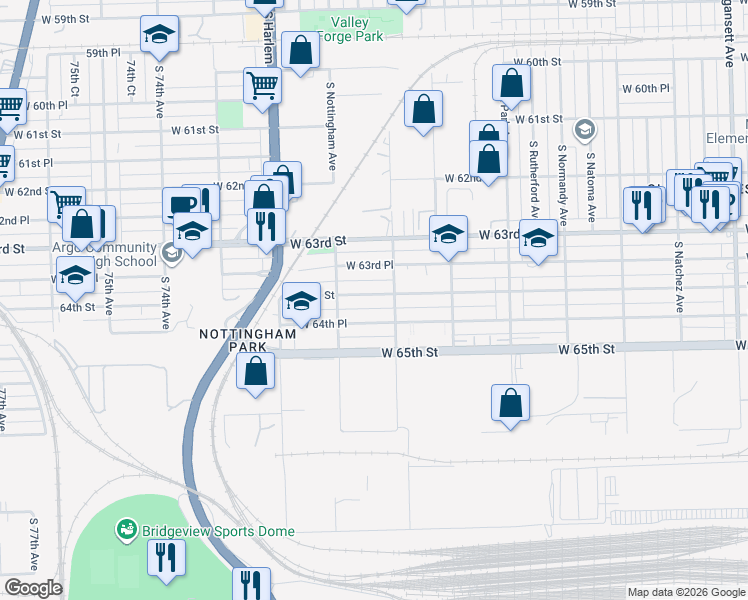 map of restaurants, bars, coffee shops, grocery stores, and more near 7021 West 64th Street in Chicago