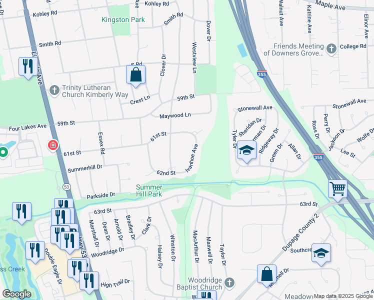 map of restaurants, bars, coffee shops, grocery stores, and more near 6103 Elm Street in Lisle
