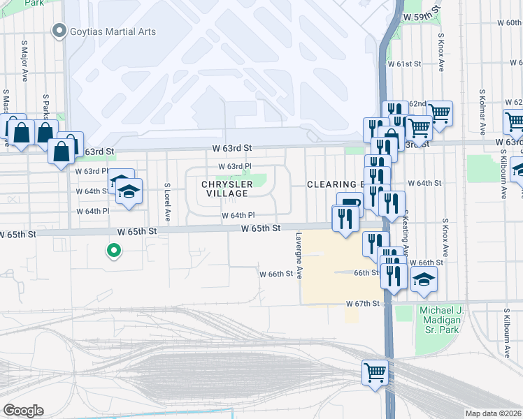map of restaurants, bars, coffee shops, grocery stores, and more near 5127 West 64th Place in Chicago