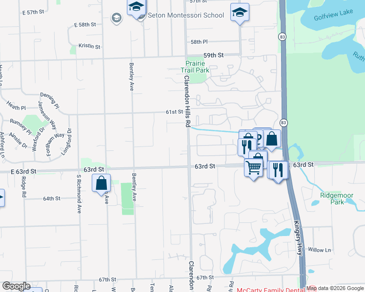map of restaurants, bars, coffee shops, grocery stores, and more near 6242 Clarendon Hills Road in Willowbrook