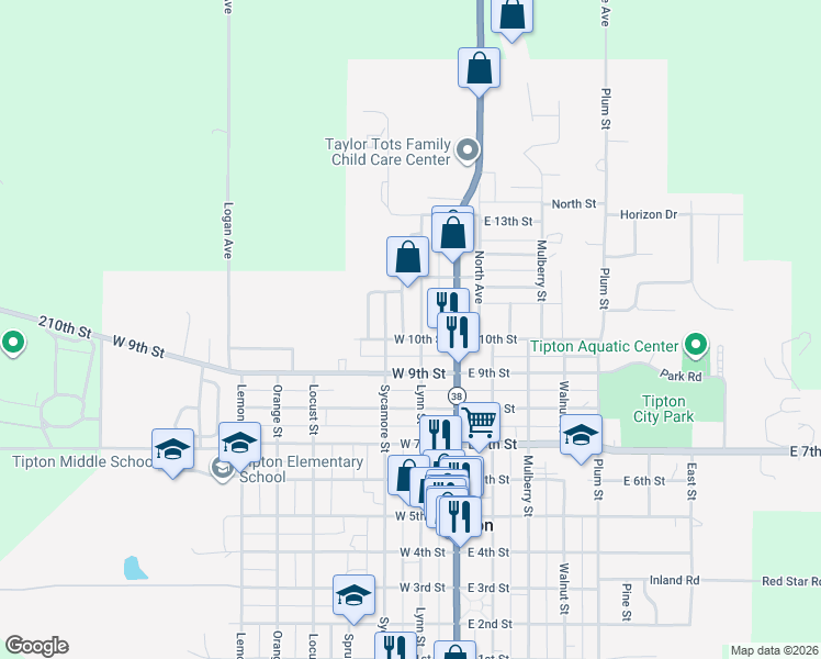 map of restaurants, bars, coffee shops, grocery stores, and more near 153-199 West 10th Street in Tipton