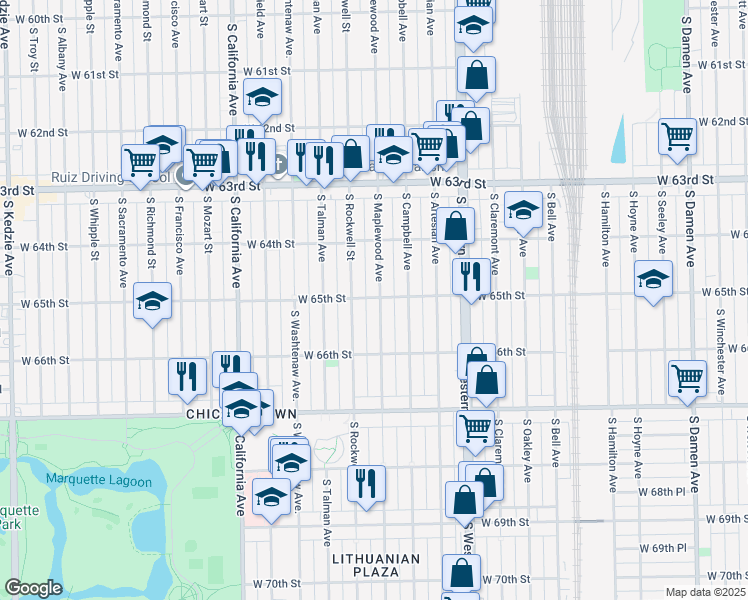 map of restaurants, bars, coffee shops, grocery stores, and more near 6500 South Maplewood Avenue in Chicago