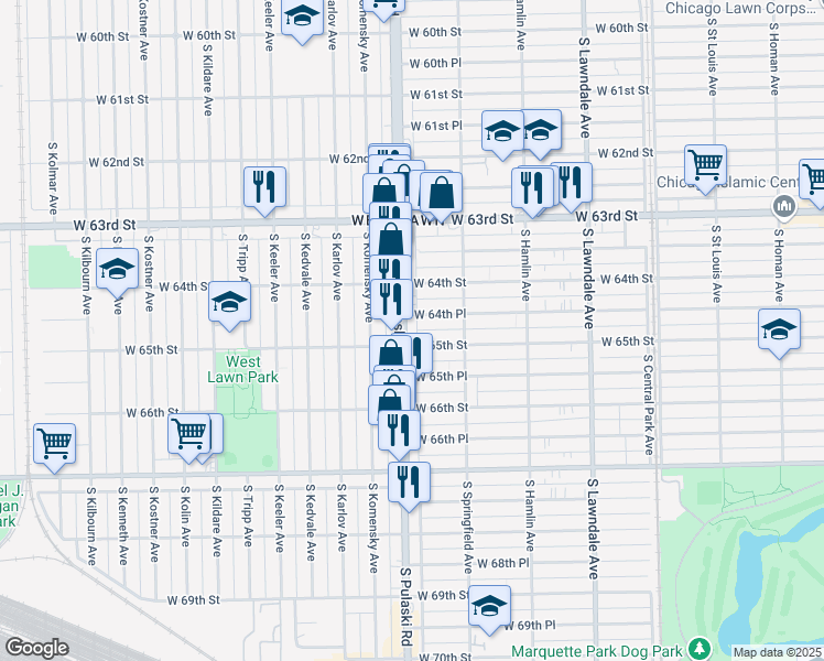 map of restaurants, bars, coffee shops, grocery stores, and more near 3931 West 65th Street in Chicago
