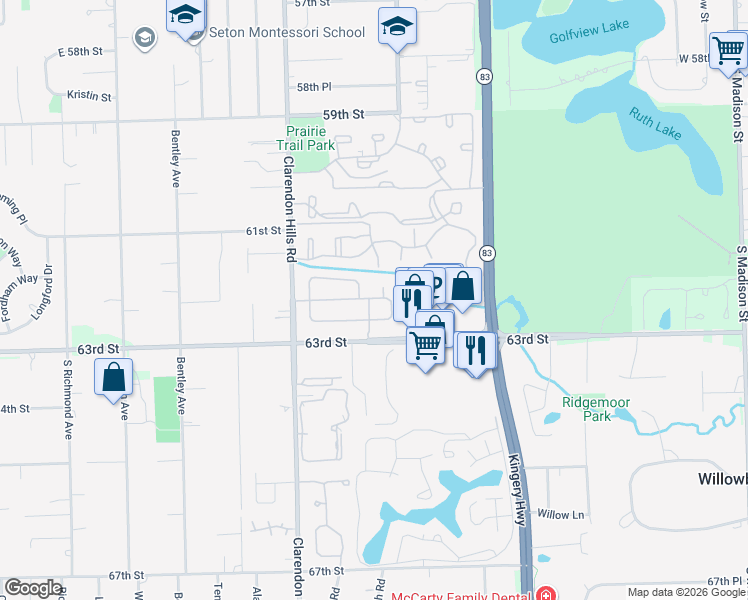 map of restaurants, bars, coffee shops, grocery stores, and more near 6212 Lake Park Lane in Willowbrook