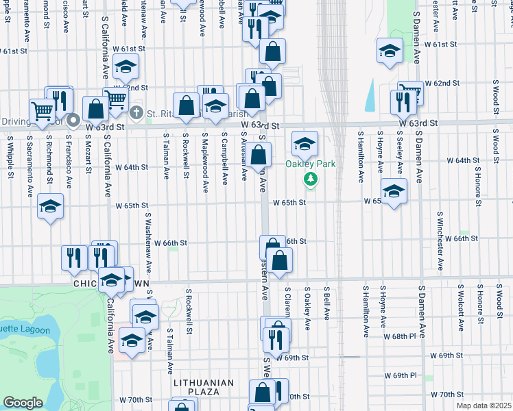 map of restaurants, bars, coffee shops, grocery stores, and more near 6500 South Western Avenue in Chicago