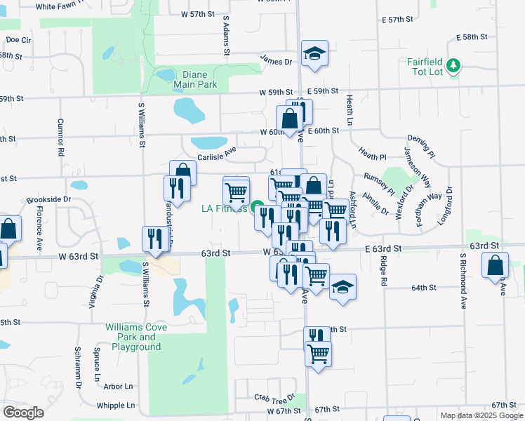map of restaurants, bars, coffee shops, grocery stores, and more near 8 W 63rd St in Westmont