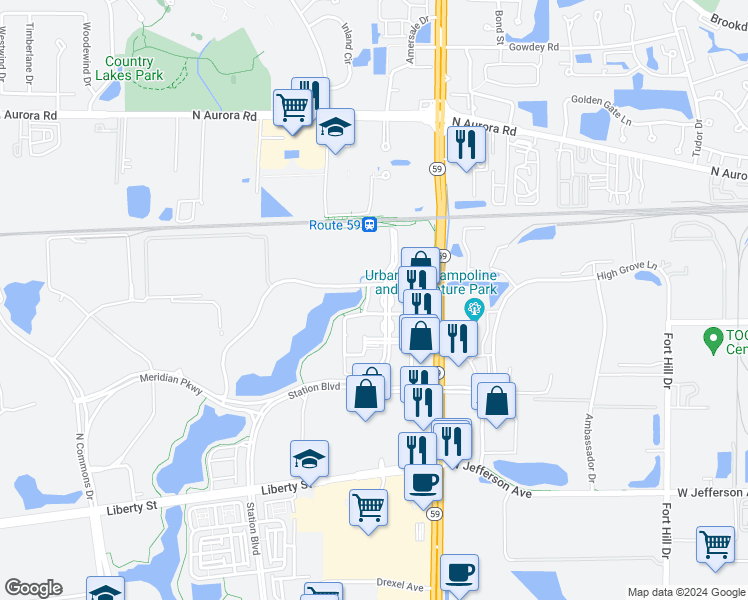 map of restaurants, bars, coffee shops, grocery stores, and more near 1060 Station Boulevard in Aurora