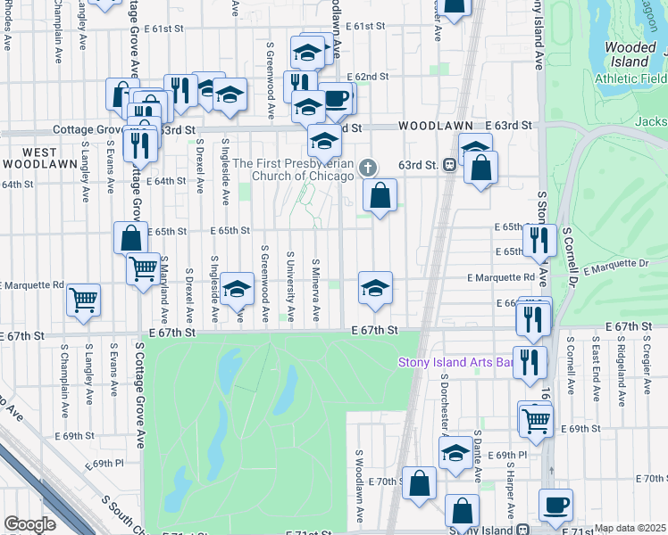map of restaurants, bars, coffee shops, grocery stores, and more near 6601 South Minerva Avenue in Chicago