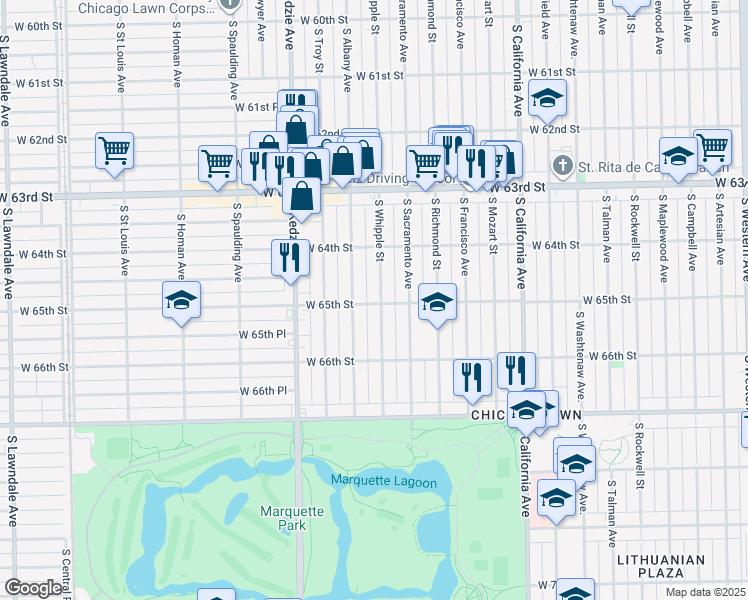 map of restaurants, bars, coffee shops, grocery stores, and more near 6509 South Whipple Street in Chicago
