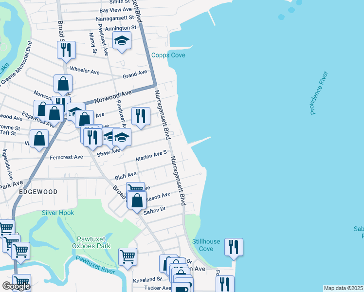 map of restaurants, bars, coffee shops, grocery stores, and more near 1350 Narragansett Boulevard in Cranston