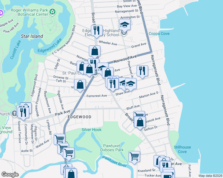 map of restaurants, bars, coffee shops, grocery stores, and more near 1858 Broad Street in Cranston