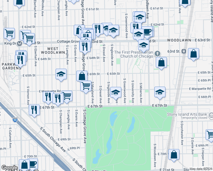 map of restaurants, bars, coffee shops, grocery stores, and more near 6555 South Drexel Avenue in Chicago