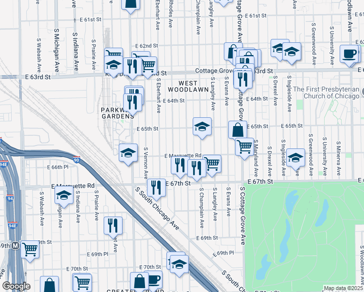 map of restaurants, bars, coffee shops, grocery stores, and more near 6555 South Saint Lawrence Avenue in Chicago