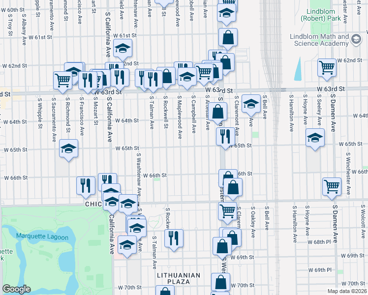 map of restaurants, bars, coffee shops, grocery stores, and more near 6515 South Maplewood Avenue in Chicago