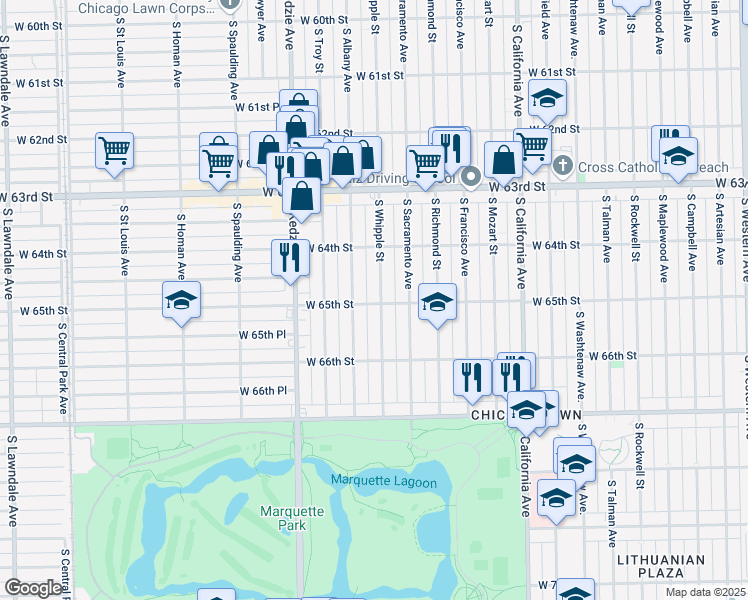 map of restaurants, bars, coffee shops, grocery stores, and more near 6509 South Whipple Street in Chicago