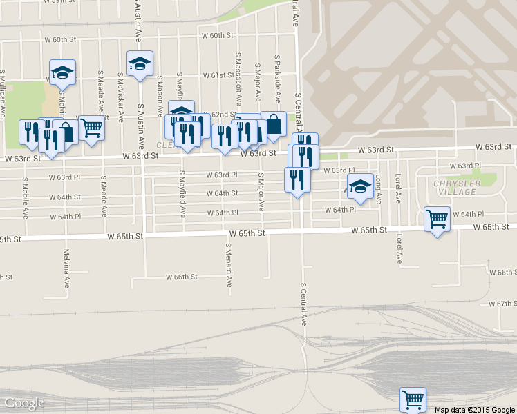 map of restaurants, bars, coffee shops, grocery stores, and more near 5723 West 64th Place in Chicago