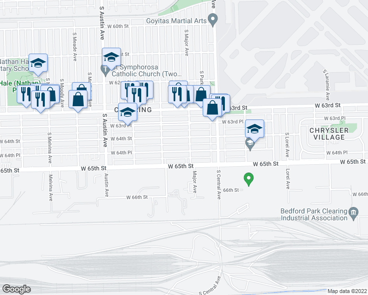 map of restaurants, bars, coffee shops, grocery stores, and more near 5723 West 64th Place in Chicago