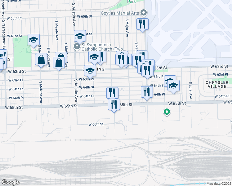 map of restaurants, bars, coffee shops, grocery stores, and more near 5759 West 64th Place in Chicago