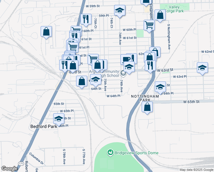 map of restaurants, bars, coffee shops, grocery stores, and more near 7509 64th Street in Summit