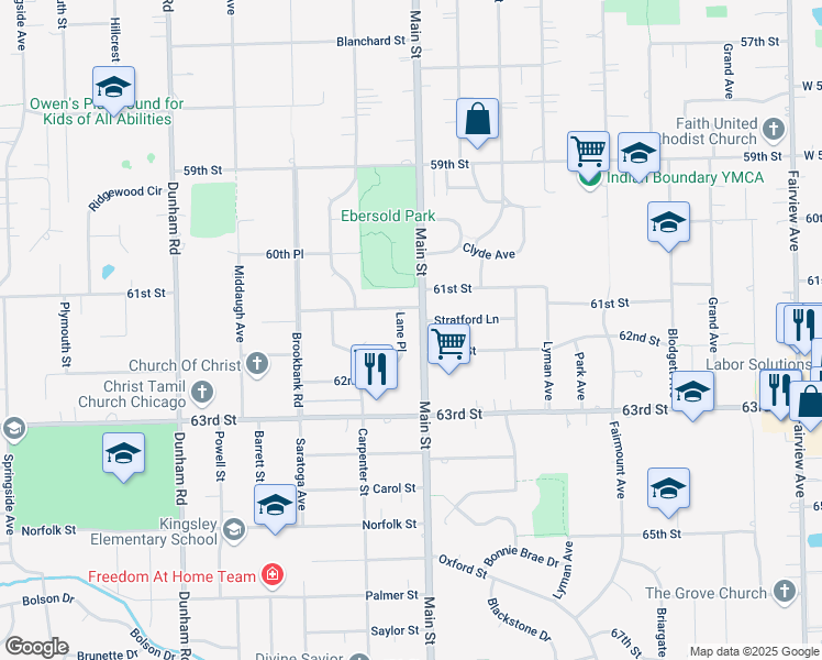 map of restaurants, bars, coffee shops, grocery stores, and more near 6125 Lane Place in Downers Grove