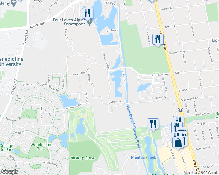 map of restaurants, bars, coffee shops, grocery stores, and more near 6017 Forest View Road in Lisle