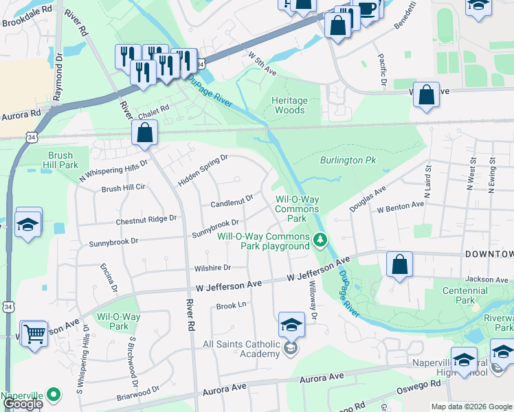 map of restaurants, bars, coffee shops, grocery stores, and more near 1137 Sunnybrook Drive in Naperville