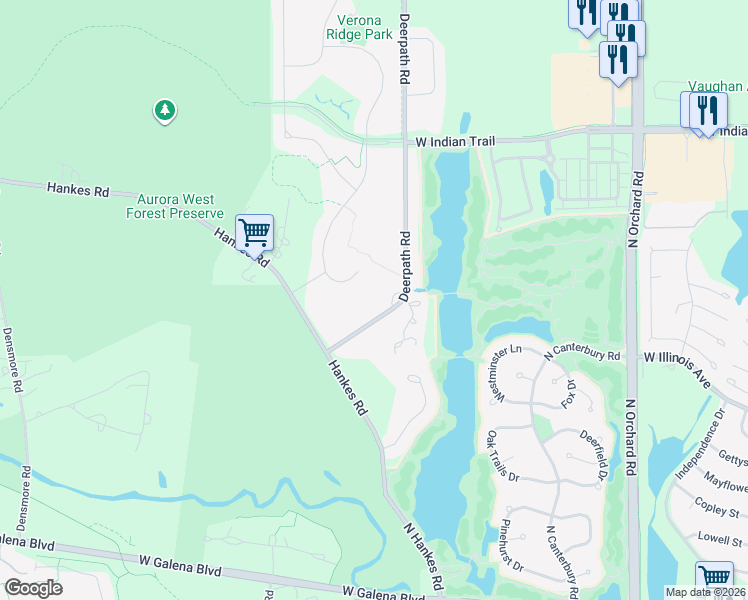 map of restaurants, bars, coffee shops, grocery stores, and more near 39W594 Deerpath Road in Aurora