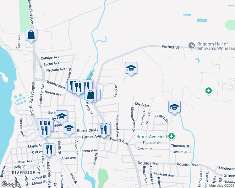 map of restaurants, bars, coffee shops, grocery stores, and more near 49 Leroy Drive in East Providence