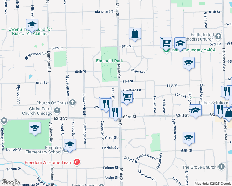 map of restaurants, bars, coffee shops, grocery stores, and more near 6125 Lane Place in Downers Grove